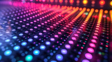 Fototapete - Audio equalizer display adorned with an array of multicolored flashing lights, reflecting the music's intensity and rhythm Generative AI