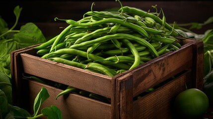 Poster - A box overflowing with freshly harvested green beans, close-up realistic photo Generative AI