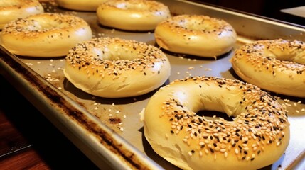 Poster - Bagels fresh out of the boiling water bath, ready to be baked to achieve a chewy texture. Generative AI