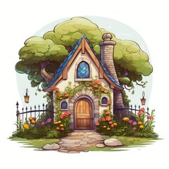 Poster - A small fairytale dwelling featuring a charming arbor and a serene backyard. Generative AI