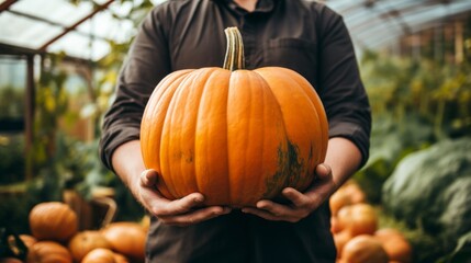Poster - close-up of male hands holding a large pumpkin, harvesting in a greenhouse Generative AI