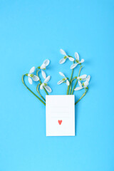 Wall Mural - snowdrops flowers and paper card on abstract blue background. spring season. romantic gentle nature image. hello spring, 8 march, Mother's day concept. flat lay. template for design. copy space