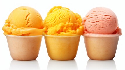 Poster - Close-up realistic photo featuring three scoops of fruity mango sorbet on a white background Generative AI