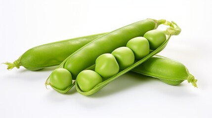 Poster - Close-up realistic photo of three freshly harvested green peas on a white background Generative AI