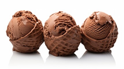 Poster - Close-up realistic photo of three scoops of rich chocolate ice cream on a white background Generative AI