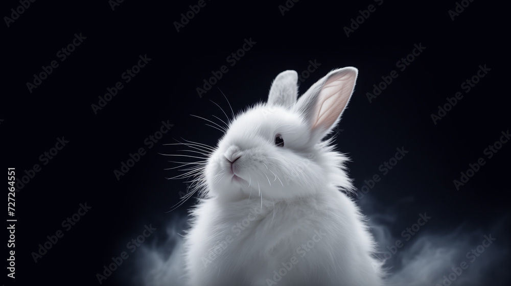 Big white fluffy rabbit full face on black background with smoke. Stock ...