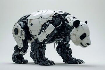 Poster - Conceptual image of a cybernetically enhanced panda with robotic limbs and technological upgrades, displayed against a solid white backdrop Generative AI