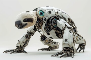 Fototapete - Conceptual image of a cybernetically enhanced sloth with robotic limbs and technological upgrades, displayed against a clean white setting Generative AI