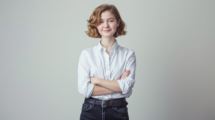 Wall Mural - woman with short blonde hair and a confident smile is wearing a white shirt and stands with her arms crossed against a light grey background