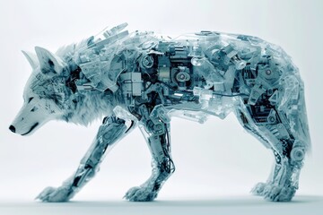 Aufkleber - Conceptual image of a roboticized wolf with technological augmentations, portrayed against a clean white setting Generative AI