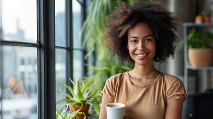 Poster - woman in an office, standing by a window, smiling pleasantly while holding a cup of coffee Generative AI