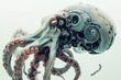 Conceptual photo of a cybernetically enhanced octopus with robotic tentacles and technological modifications, against a plain white setting Generative AI