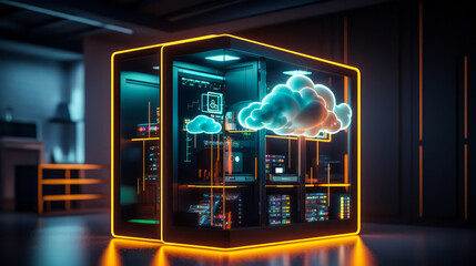 Poster - conceptual visualization of cloud computing with neon cloud design and server rack, highlighting dat