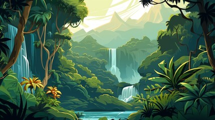 Poster - A tropical rainforest with diverse vegetation and a waterfall. vector cartoon graphic Generative AI