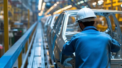 Poster - automotive engineer working on assembly line with futuristic conveyor technology in auto industry