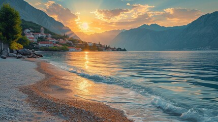 Wall Mural - A breathtaking morning scene at the Bay of Kotor, the rising sun painting the sky with soft hues Generative AI