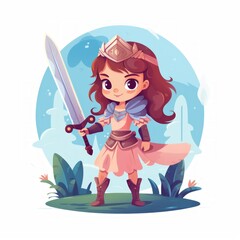 Aufkleber - A young fairy tale warrior equipped with a tiny sword and shield, ready for adventure. flat, fairy tale, cartoon, cute, white background Generative AI