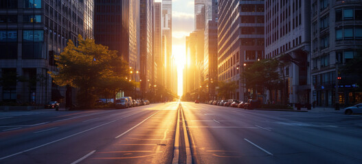 Urban sunrise on empty city street with skyscrapers. Urban exploration.