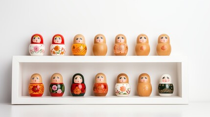 A set of traditional wooden nesting dolls isolated on white arranged on a clean pure spotless white shelf