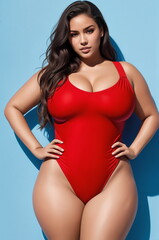 Wall Mural - Beauty curve plus size fat woman in a red underwear lingerie on a blue background.Long dark hair.Digital creative designer fashion art.