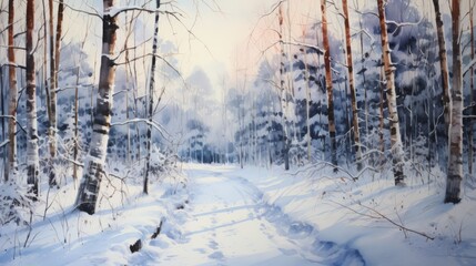 Poster - A breathtaking, snow-covered forest in winter. landscape watercolor Generative AI