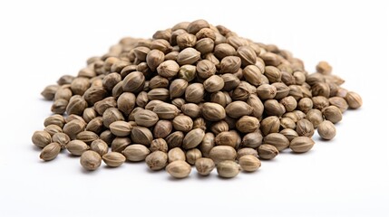 Poster - Close-up realistic photo featuring a small pile of hemp seeds on a white background Generative AI
