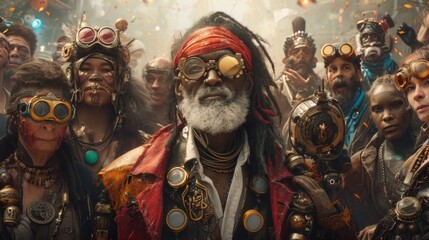 Aufkleber - Conceptual image of a diverse group of post-apocalyptic individuals of varying ages, all dressed in steampunk style, celebrating togethe Generative AI