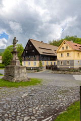 Sticker - Half-timbered house, folk architecture in Zubrnice, North Bohemia, Czech Republic