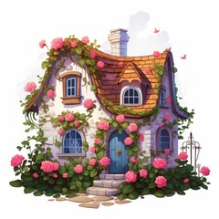 Poster - A charming fairytale home adorned with vibrant climbing roses and a serene white backdrop. Generative AI