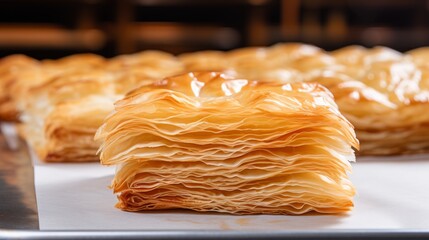 Poster - Flaky and buttery puff pastry, layers visible, showcasing the process of laminating and folding. Generative AI