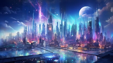 Aufkleber - Futuristic cities with neon-lit streets. aquarelle Generative AI