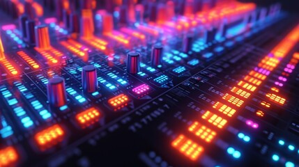 Poster - futuristic equalizer panel featuring an array of pulsating indicator lights, synchronizing with the 