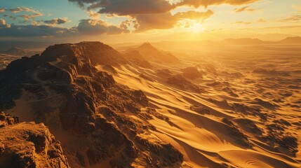Poster - Historic landmarks, aerial drone shot, setting sun, panoramic desert, highly detailed Egyptian sunset view Generative AI