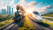 The Evolution of Rail Travel with a Side-by-Side Depiction of a Traditional Steam Locomotive and a High-Speed Maglev Train Against a Blue Sky Background.