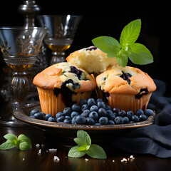 blueberry muffins are on a table with green tea