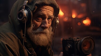 Poster - Journalist conducting a field report, microphone in hand, interviewing locals, capturing stories on the ground Generative AI