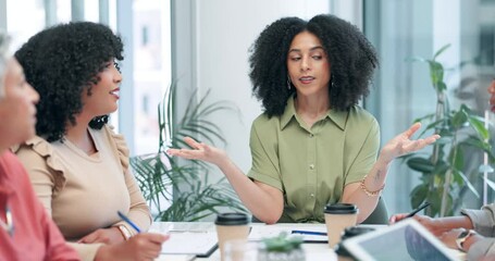 Poster - Meeting, feedback and collaboration with business women in boardroom of office for strategy or discussion. Management, planning and agenda with employee team at work for partnership or brainstorming
