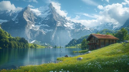 Poster - Majestic Swiss mountains with a picturesque lakeside, lush meadows, and detailed green grass, aiming for realistic imagery 