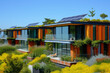 Modern Sustainable Homes with Rooftop Solar Panels
Contemporary row houses with lush green living roofs and solar panels, beautifully integrated into a vibrant, sustainable community setting.
