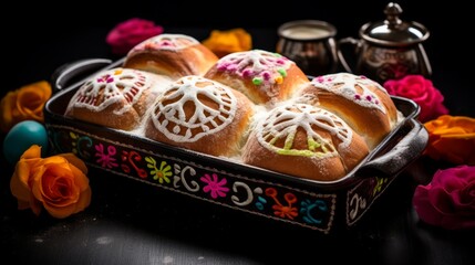 Aufkleber - Pan de muerto, a traditional Mexican sweet bread, decorated with bone-shaped dough ornaments. 