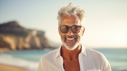 Wall Mural - Beautiful 60s aged man with gray hair in sunglasses enjoying walk along beach