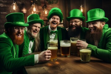 Group of friends toasting with green beer in pub. St. Patrick's Day celebration. They are dressed in carnival headgear and clothes with green shades. 