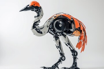 Poster - Photo concept of a robotically modified ostrich, featuring mechanical legs and cybernetic modifications, displayed against a clean white background Generative AI