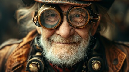 Poster - Photo concept of an elderly post-apocalypse individual in steampunk attire, smiling and displaying resilience in a difficult world 