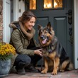 © AI Visual Vault - Happy Woman Petting German Shepherd on Home Entrance. Content woman strokes her German shepherd dog at the doorstep, sharing a moment of affection.
