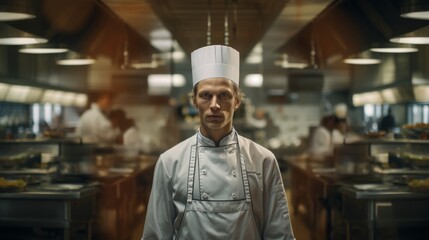 Poster - Portrait of a male chef in a bustling kitchen, multitasking, overseeing cooking activities, professional environment 