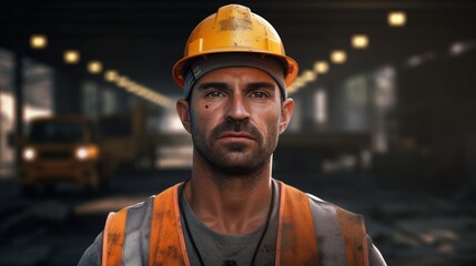 Poster - Portrait of a road worker in a hard hat, holding a shovel, working on road repairs, construction equipment visible 