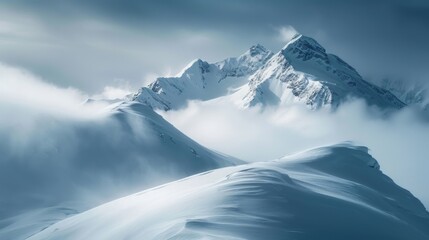 Poster - Pristine mountain scenery with powdered peaks, floating clouds casting shadows, and the sun glistening on the snow, a tranquil and picturesque alpine view, 