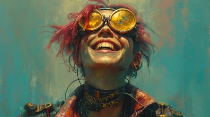 Aufkleber - Realistic depiction of a post-apocalypse person, adorned in steampunk fashion, expressing joy and positivity through 