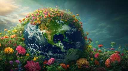 Aufkleber - Realistic photo concept of Earth showcasing continents covered in vibrant flowers, each continent representing diverse floral landscapes, depicting the beauty of our planet's biodiversity